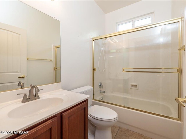 full bath with tile patterned flooring, vanity, toilet, and bath / shower combo with glass door