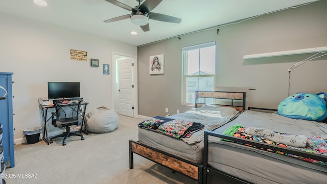 bedroom with a ceiling fan, baseboards, carpet flooring, and recessed lighting