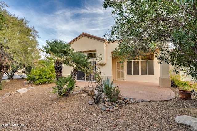 rear view of house featuring a patio area, a tiled roof, and stucco siding