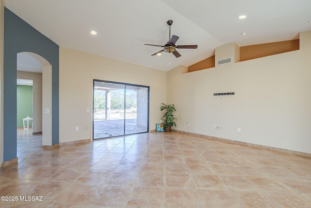 unfurnished room with arched walkways, high vaulted ceiling, ceiling fan, recessed lighting, and visible vents