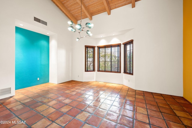 unfurnished room with a chandelier, high vaulted ceiling, visible vents, wood ceiling, and beamed ceiling