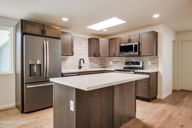 kitchen with light wood-style flooring, a sink, light countertops, appliances with stainless steel finishes, and backsplash