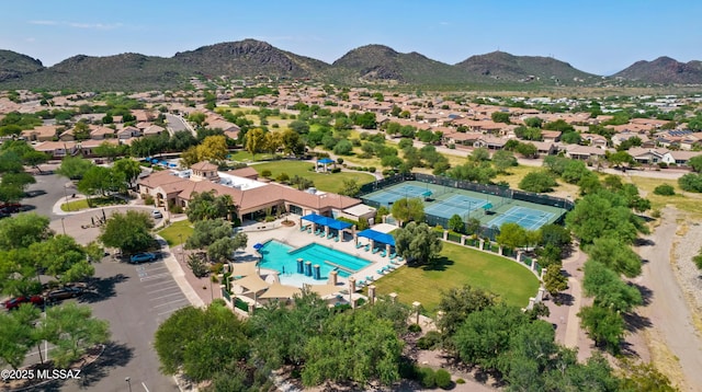 bird's eye view featuring a residential view and a mountain view