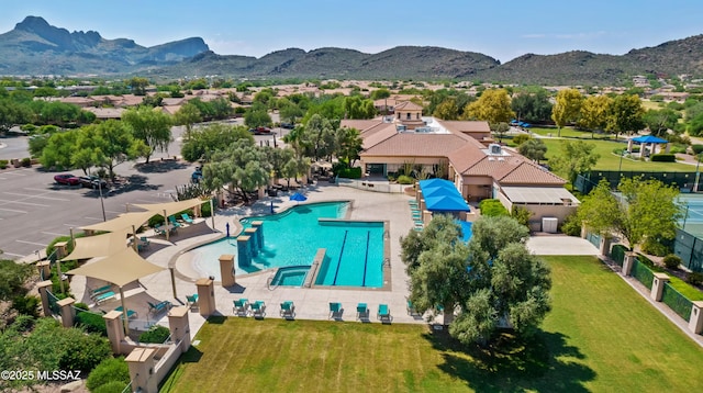 drone / aerial view featuring a mountain view