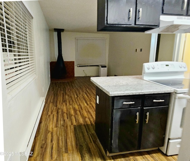 kitchen featuring white electric stove, light countertops, wood finished floors, and under cabinet range hood