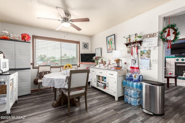 dining space featuring dark wood-style floors and a ceiling fan