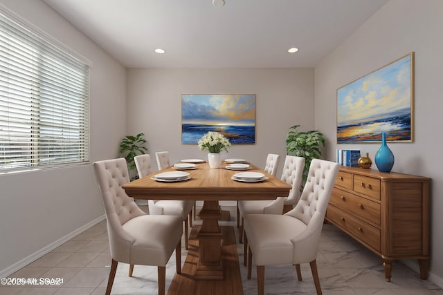 dining area featuring recessed lighting and baseboards