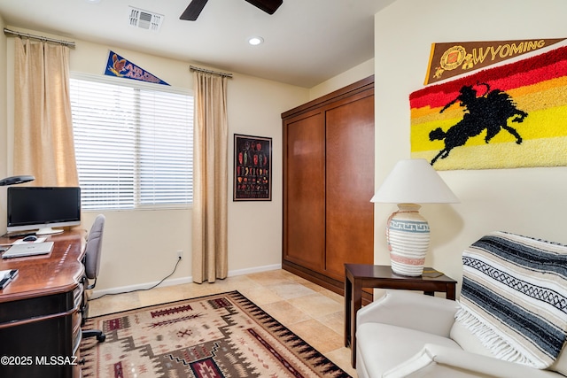 home office featuring light tile patterned floors, baseboards, visible vents, a ceiling fan, and recessed lighting