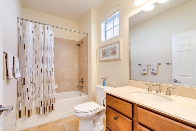 full bath with shower / bath combo, vanity, toilet, and tile patterned floors