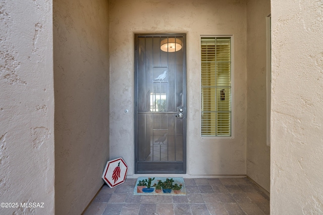 doorway to property featuring stucco siding