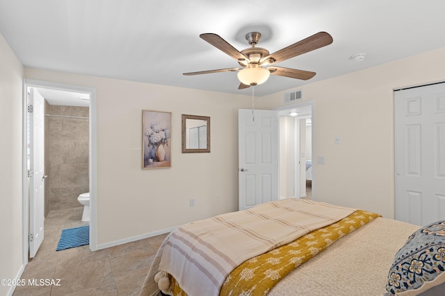 bedroom with light tile patterned floors, visible vents, a ceiling fan, ensuite bath, and baseboards