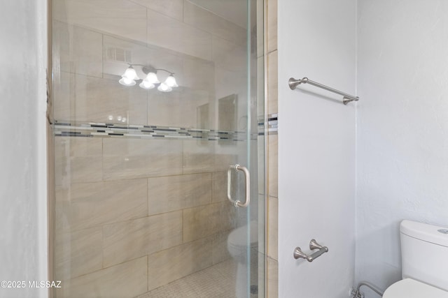 bathroom featuring a stall shower and toilet