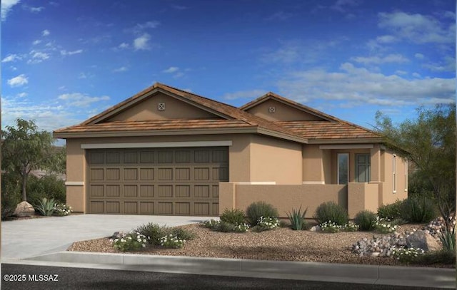 ranch-style house with concrete driveway, an attached garage, and stucco siding