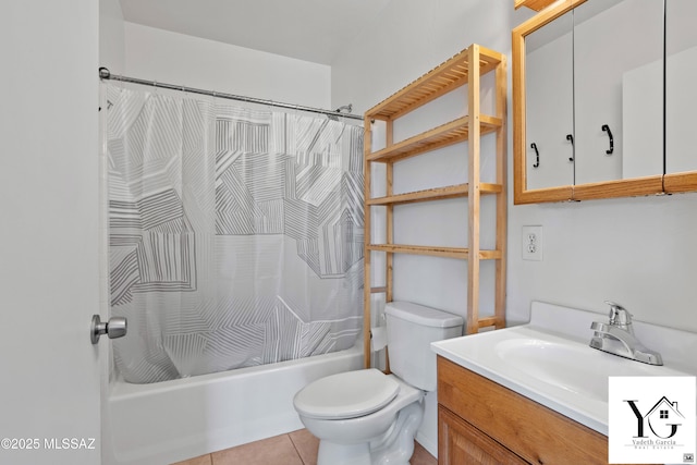 bathroom featuring vanity, tile patterned flooring, shower / bath combo with shower curtain, and toilet