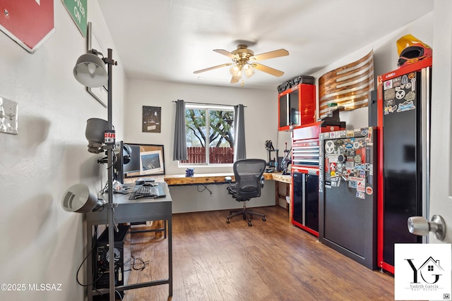 office featuring a ceiling fan and wood finished floors