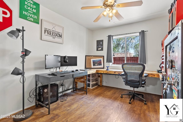 office space with ceiling fan and wood finished floors