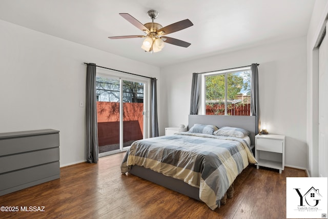 bedroom with access to exterior, baseboards, a ceiling fan, and dark wood-type flooring