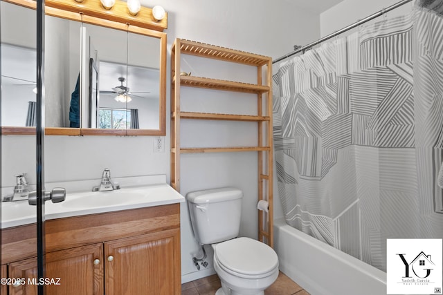 bathroom featuring shower / tub combo, tile patterned flooring, vanity, and toilet