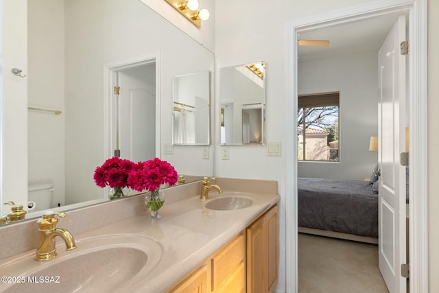 full bathroom featuring toilet, connected bathroom, double vanity, and a sink