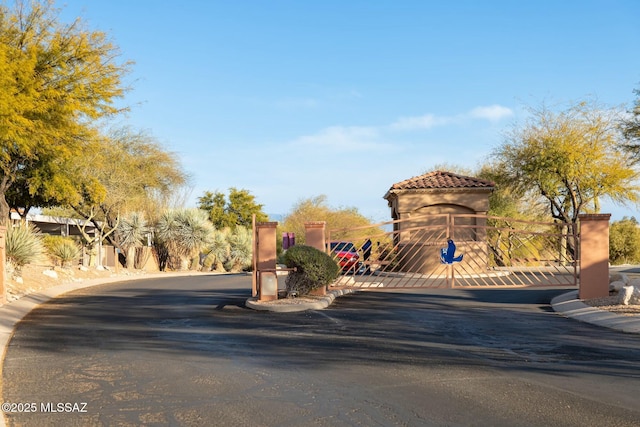 view of street featuring curbs, a gated entry, and a gate