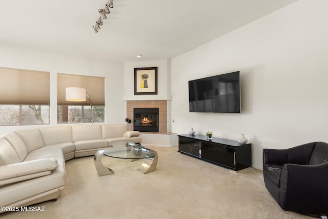 living area featuring carpet flooring, a fireplace, and track lighting