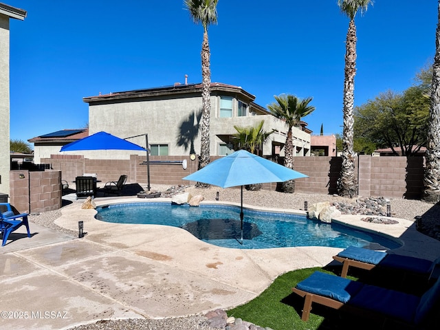 view of pool featuring a patio, a fenced backyard, and a fenced in pool