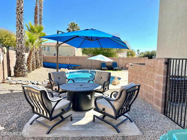 view of patio / terrace featuring a fenced backyard and a fenced in pool