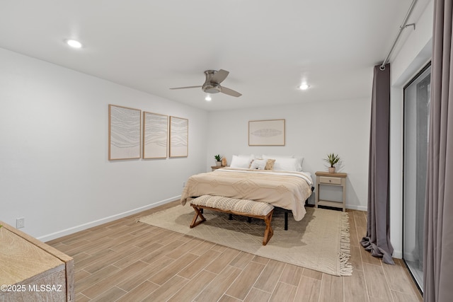 bedroom with a ceiling fan, recessed lighting, baseboards, and wood tiled floor