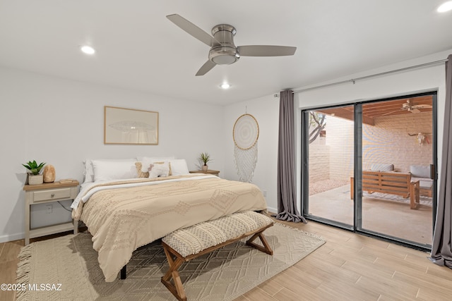 bedroom with a ceiling fan, recessed lighting, light wood finished floors, baseboards, and access to exterior