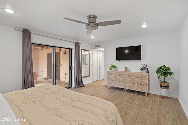 bedroom featuring recessed lighting, visible vents, baseboards, and light wood-style floors