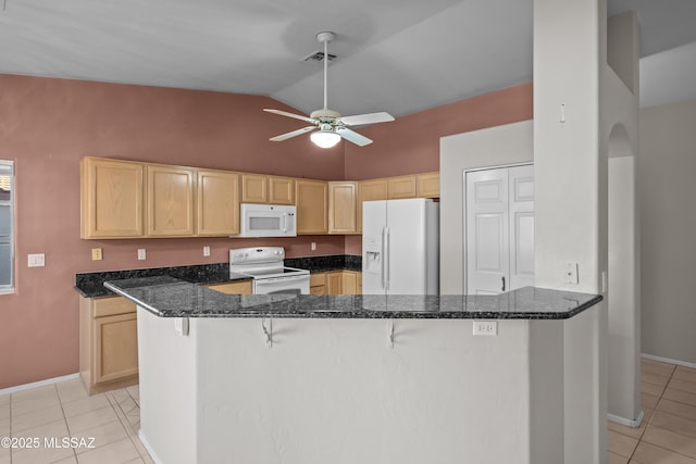 kitchen with light tile patterned flooring, light brown cabinets, white appliances, visible vents, and a ceiling fan