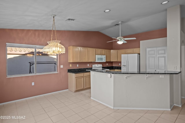 kitchen featuring visible vents, light brown cabinetry, a ceiling fan, dark stone counters, and white appliances