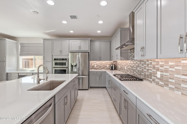 kitchen featuring gray cabinetry, a sink, stainless steel appliances, wall chimney range hood, and decorative backsplash