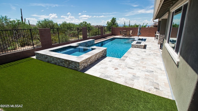 view of pool featuring a pool with connected hot tub, a lawn, outdoor dining area, a fenced backyard, and a patio