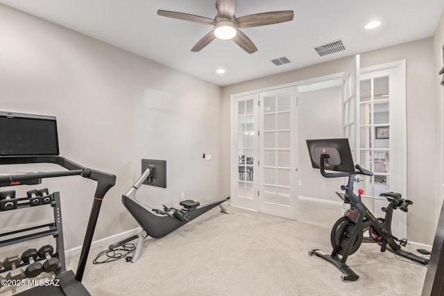 workout area featuring visible vents, french doors, baseboards, and a ceiling fan