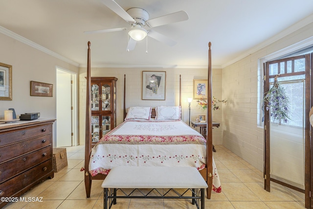 bedroom featuring light tile patterned floors, brick wall, and ornamental molding