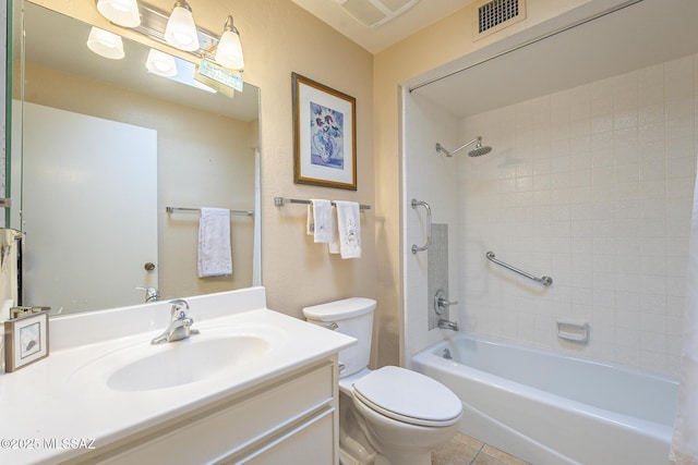 full bath featuring visible vents, toilet, vanity, tile patterned floors, and shower / bathtub combination