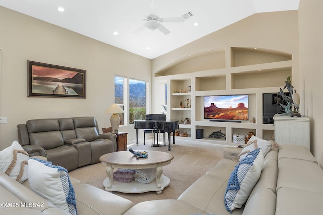 living room featuring visible vents, built in shelves, carpet, recessed lighting, and high vaulted ceiling