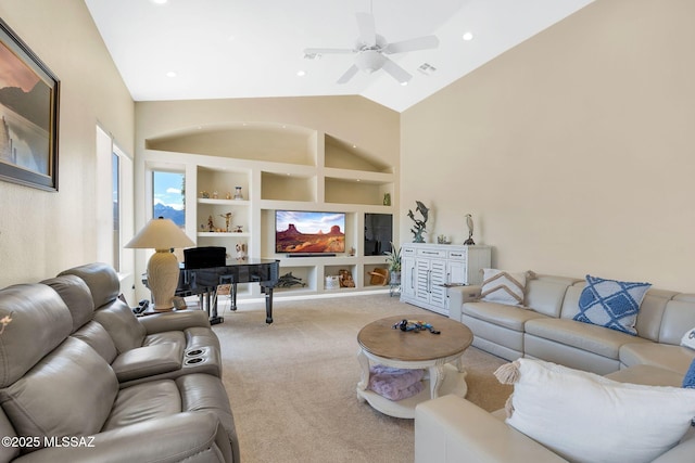 carpeted living area featuring built in features, visible vents, lofted ceiling, recessed lighting, and ceiling fan