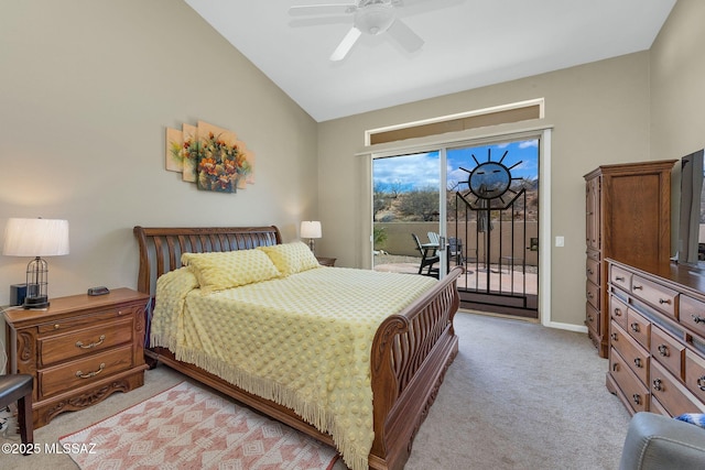 bedroom featuring baseboards, ceiling fan, access to exterior, vaulted ceiling, and light colored carpet