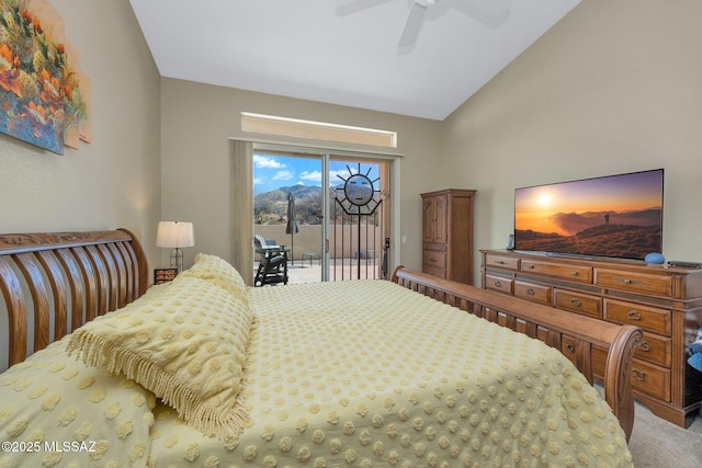 carpeted bedroom featuring vaulted ceiling, access to outside, and ceiling fan