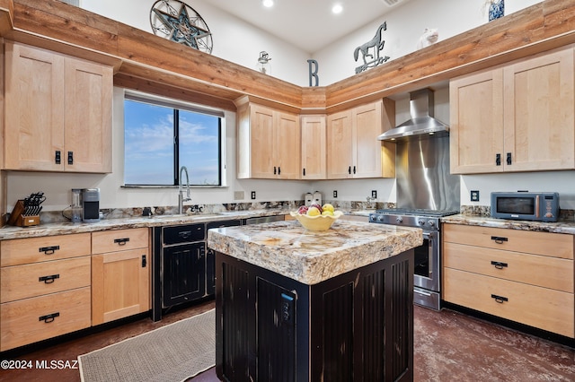 kitchen with stainless steel range, wall chimney range hood, and light brown cabinetry