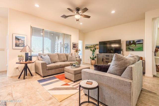 living room with light tile patterned floors, baseboards, a ceiling fan, and recessed lighting