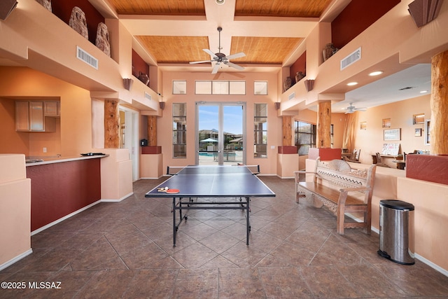 playroom featuring visible vents, wood ceiling, and ceiling fan