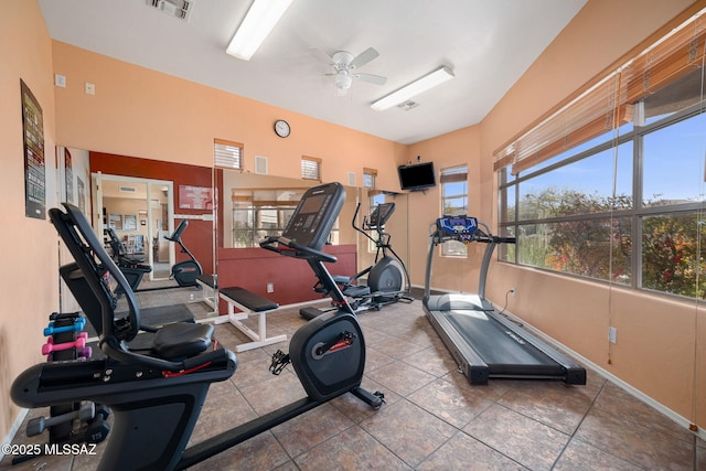 gym with visible vents, baseboards, and a ceiling fan