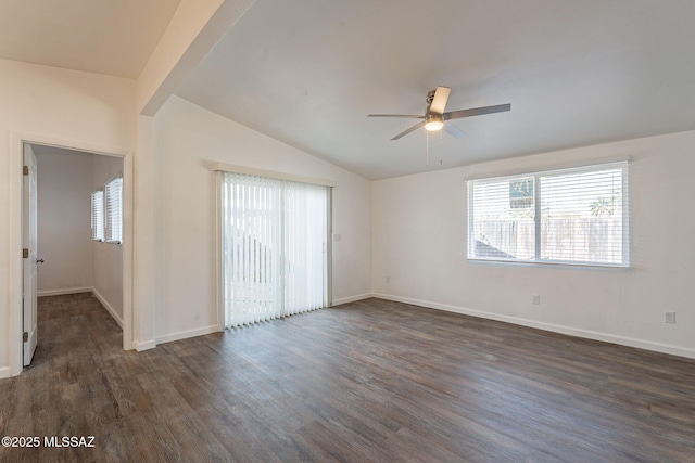 unfurnished room with a ceiling fan, lofted ceiling, dark wood-style flooring, and baseboards