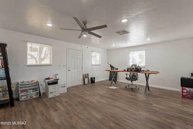 home office with baseboards, visible vents, ceiling fan, wood finished floors, and recessed lighting