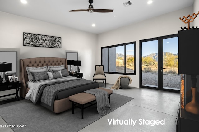 bedroom with visible vents, recessed lighting, finished concrete flooring, and access to outside