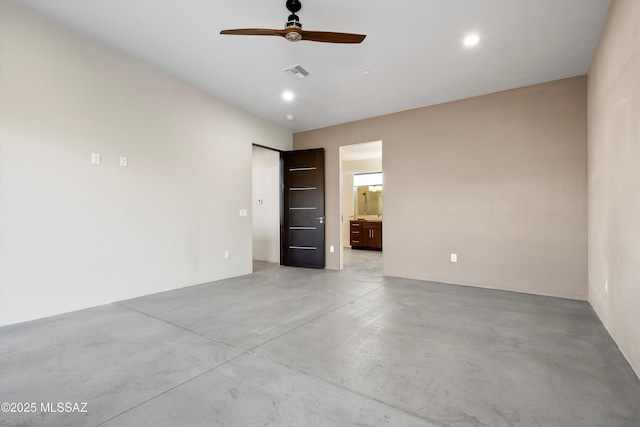 unfurnished room featuring visible vents, recessed lighting, concrete floors, and a ceiling fan