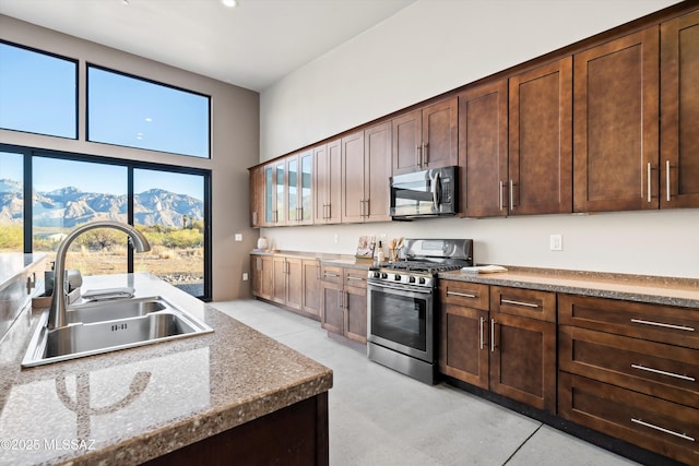 kitchen featuring a sink, dark brown cabinetry, a mountain view, and stainless steel appliances